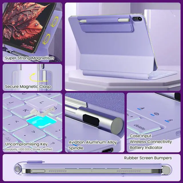 Alt view image 5 of 5 - RAYMCRAFT for iPad 11th(A16, 2025)/10th Generation Case with Keyboard, Magic Keyboard 2022, Springy Backlit Keys, Stain-Resistant Surface, Multi-Touch Trackpad,Purple