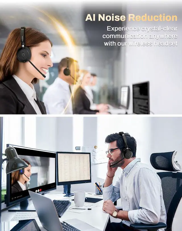 Alt view image 2 of 5 - Rownfusny Bluetooth Wireless Headset with Mic for Work, Bluetooth 5.3, Advanced Noise Reduction Microphone, Clear Calls - Comfortable Over-Ear Headphones for PC, Laptop, iPhone, Android, Zoom, Office