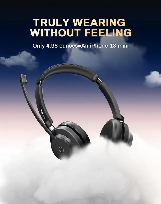 Alt view image 3 of 5 - Rownfusny Bluetooth Wireless Headset with Mic for Work, Bluetooth 5.3, Advanced Noise Reduction Microphone, Clear Calls - Comfortable Over-Ear Headphones for PC, Laptop, iPhone, Android, Zoom, Office