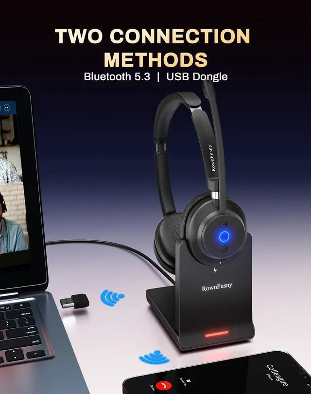 Alt view image 5 of 5 - Rownfusny Bluetooth Wireless Headset with Mic for Work, Bluetooth 5.3, Advanced Noise Reduction Microphone, Clear Calls - Comfortable Over-Ear Headphones for PC, Laptop, iPhone, Android, Zoom, Office