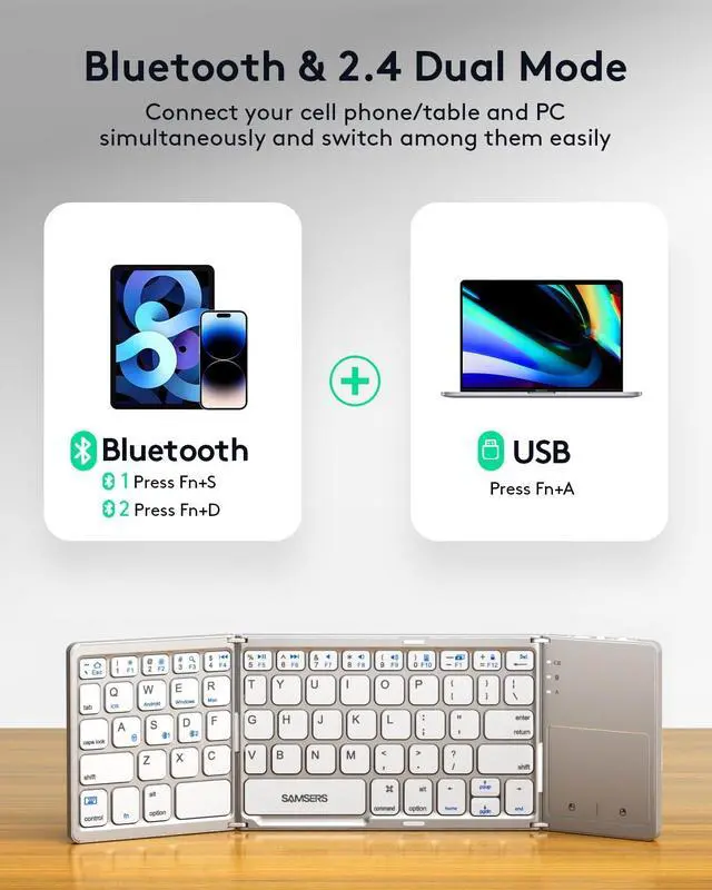 Alt view image 2 of 5 - Samsers Multi-Device Foldable Bluetooth Keyboard with Touchpad, Rechargeable Dual-Mode(2.4G+BTx2) Wireless Keyboard with Holder, Portable Folding Keyboards for Android Windows iOS Mac OS - Silver