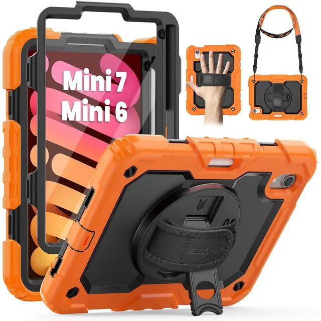 Main image of SEYMAC Case for iPad mini 7 (A17 Pro) 2024/ Mini 6 8.3, Full-Body Shockproof Protective Case with Screen Protector, Rotating Stand, Hand/Shoulder Strap for iPad mini 7th/ 6th Generation, Orange