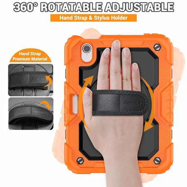 Alt view image 3 of 5 - SEYMAC Case for iPad mini 7 (A17 Pro) 2024/ Mini 6 8.3, Full-Body Shockproof Protective Case with Screen Protector, Rotating Stand, Hand/Shoulder Strap for iPad mini 7th/ 6th Generation, Orange