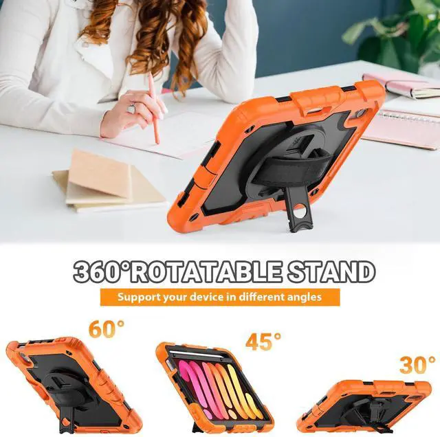 Alt view image 4 of 5 - SEYMAC Case for iPad mini 7 (A17 Pro) 2024/ Mini 6 8.3, Full-Body Shockproof Protective Case with Screen Protector, Rotating Stand, Hand/Shoulder Strap for iPad mini 7th/ 6th Generation, Orange