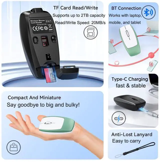 Alt view image 5 of 5 - Wireless Mouse Mini Small Finger Bluetooth Mouse with TF Card Reader,Silent Pocket Portable Handheld Tiny Compact USB Travel Optical Mice for PC Laptop Computer MacBook Tablet Kids Women Men Gift