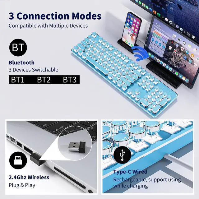 Alt view image 4 of 5 - EWEADN TK950 Typewriter Keyboard Wireless Mechanical Keyboard,Q9 Wireless Clear Mouse Dual Mode Bluetooth & 2.4G USB