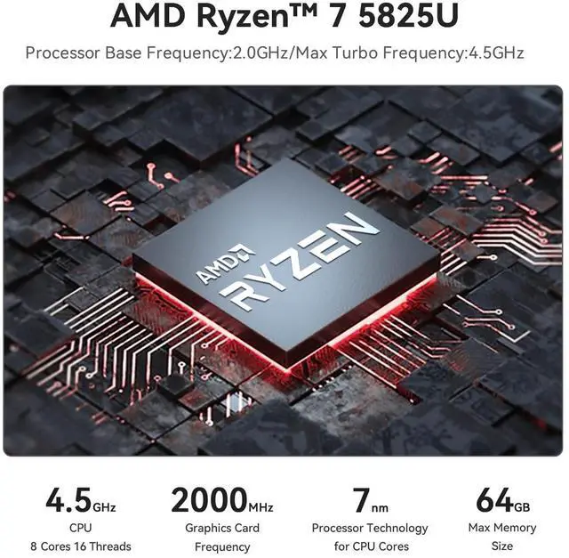 Alt view image 3 of 5 - Beelink SER5 Mini PC, AMD Ryzen 7 5825U(Up to 4.5GHz) 8C/16T, Mini Desktop Computer 32GB DDR4 RAM 500GB NVMe SSD, Mini Gaming PC 4K@60Hz Output/BT5.2/WiFi 6 for Office/Gaming/Home