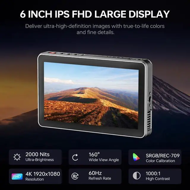 Alt view image 2 of 5 - VILTROX DC-X2 Camera Field Monitor 2000 Nits High Brightness Touchscreen 6 Inch DSLR Monitor with 1920x1080 IPS 4K HDMI Loop in/Out 3D LUTs Waveform Video Peaking Focus Assist Battery&Sunshade Hood
