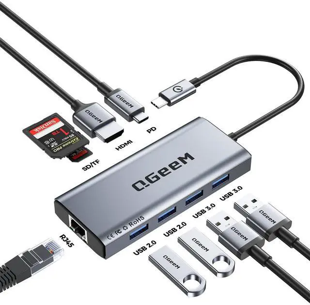 Main image of QGeeM USB C Hub Ethernet,9 in 1 USB Type C Hub HDMI Multi-Port Converter Adapter,100W Pd, USB 3.0,SD/TF Card Reader,Compatible for MacBook Pro Air Ipad HP Dell Lenovo Chromebook etc.
