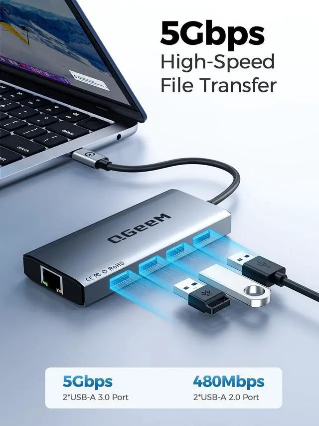 Alt view image 4 of 5 - QGeeM USB C Hub Ethernet,9 in 1 USB Type C Hub HDMI Multi-Port Converter Adapter,100W Pd, USB 3.0,SD/TF Card Reader,Compatible for MacBook Pro Air Ipad HP Dell Lenovo Chromebook etc.