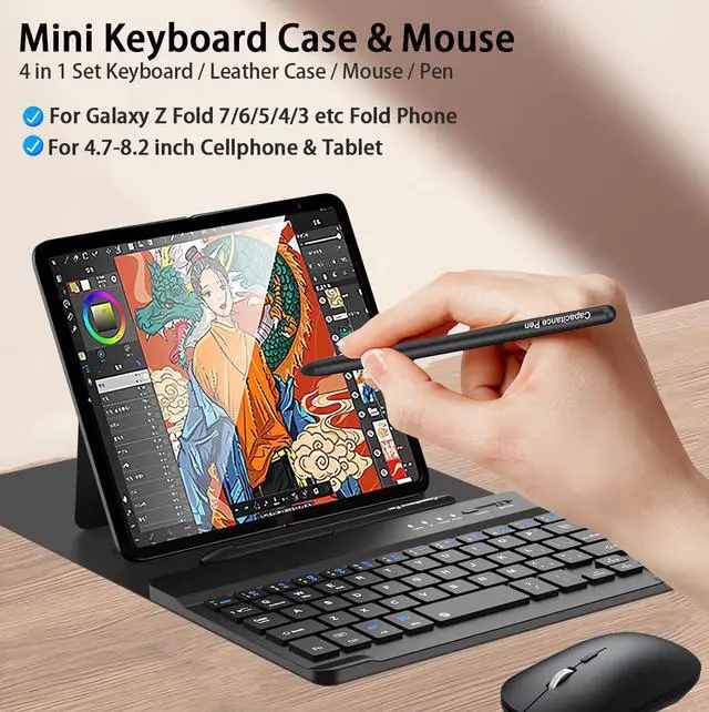 Alt view image 2 of 5 - for Samsung Galaxy Z Fold 7 6 5 Keyboard and Mouse, Portable Mini 7.9 inch Bluetooth Keyboard with Leather Case and Capacitive Pen, 4 in 1 Set for Z Fold7 6 Accessories