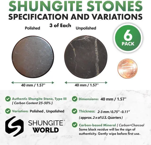 Alt view image 2 of 5 - Shungite World 6 pcs Shungite Stickers Set Round 40 mm Polished and Unpolished (3 of Each) for Cell Phone Case Tablet Laptop Computer - Energy Shungite Stones Protection Plate with Carbon Fullerenes