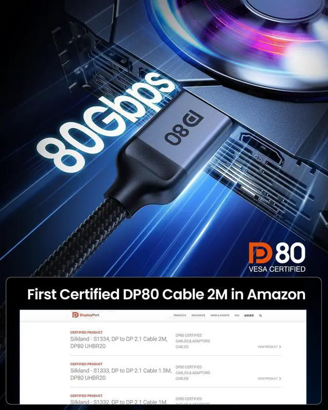 Alt view image 2 of 4 - Silkland 80Gbps DisplayPort Cable 2.1 6.6FT [VESA Certified], [8K@240Hz, 4K@540Hz 360Hz 240Hz] DP 2.1 Cable 16K, DP80 HDR DSC Display Port Cord Compatible FreeSync Gaming Monitor 5090 7900XTX, S1334