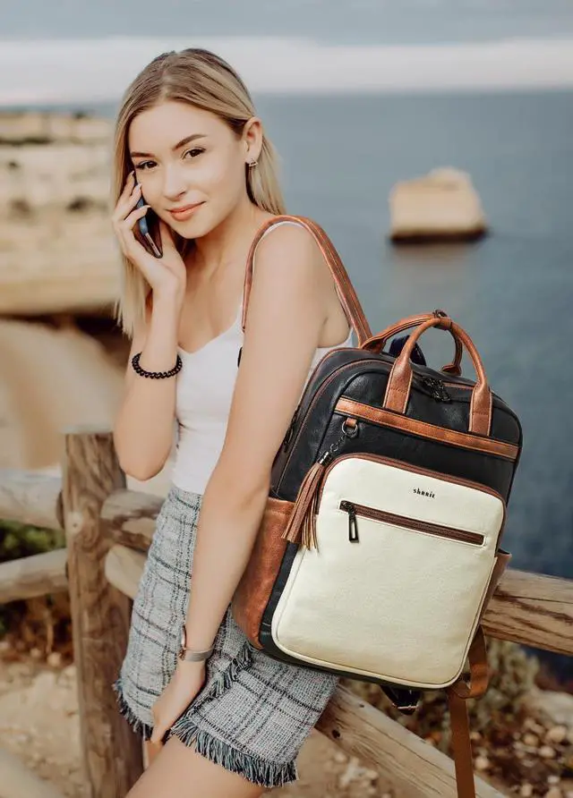Alt view image 2 of 5 - Shrrie Laptop Backpack for Women 15.6 inch Travel Leather Backpack Purse Work Computer Backpacks for Business College Black With Brown and White