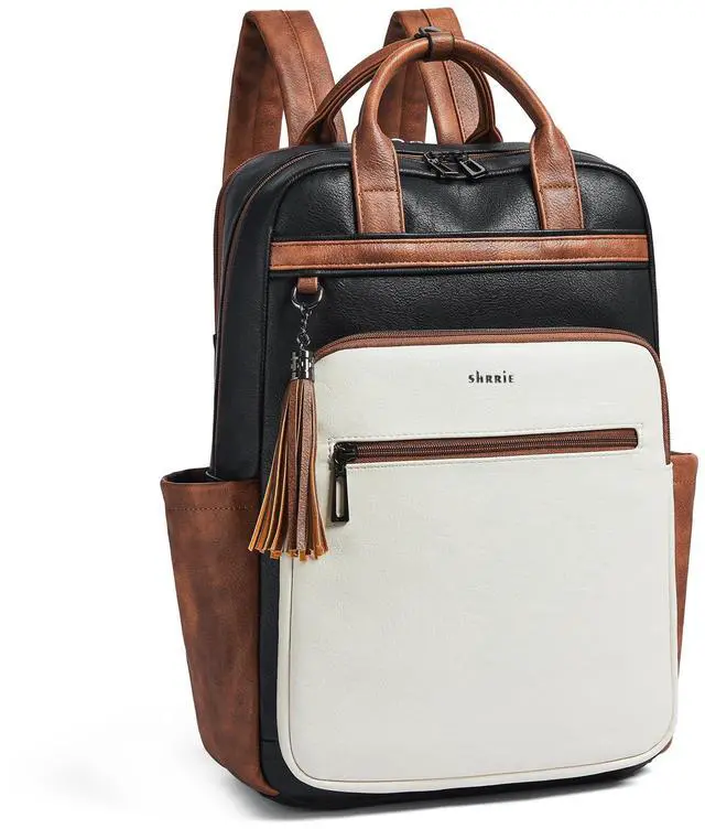 Main image of Shrrie Laptop Backpack for Women 15.6 inch Travel Leather Backpack Purse Work Computer Backpacks for Business College Black With Brown and White