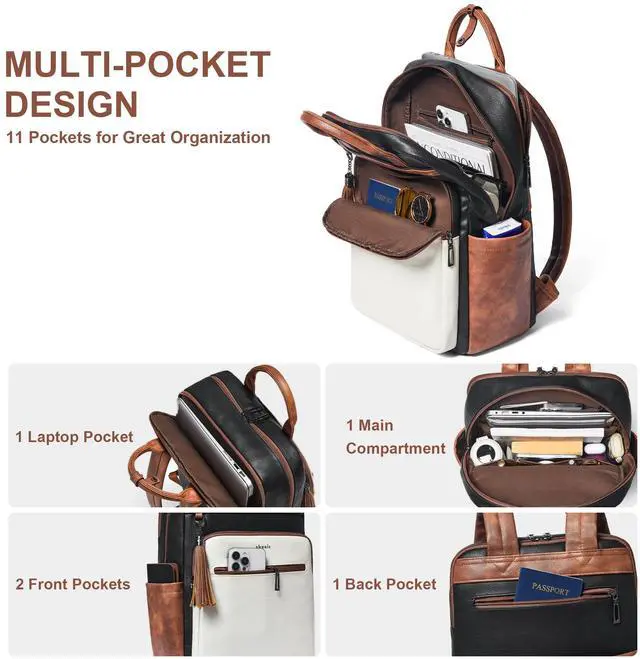 Alt view image 3 of 5 - Shrrie Laptop Backpack for Women 15.6 inch Travel Leather Backpack Purse Work Computer Backpacks for Business College Black With Brown and White
