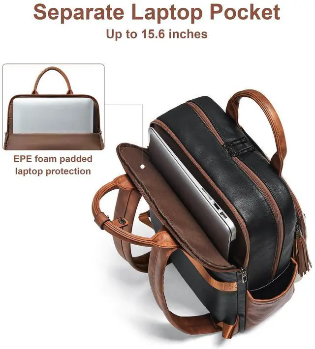 Alt view image 4 of 5 - Shrrie Laptop Backpack for Women 15.6 inch Travel Leather Backpack Purse Work Computer Backpacks for Business College Black With Brown and White