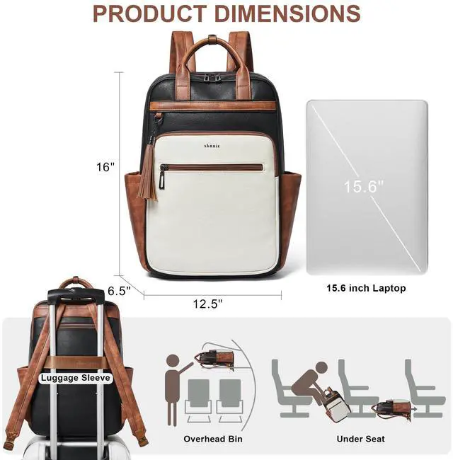 Alt view image 5 of 5 - Shrrie Laptop Backpack for Women 15.6 inch Travel Leather Backpack Purse Work Computer Backpacks for Business College Black With Brown and White