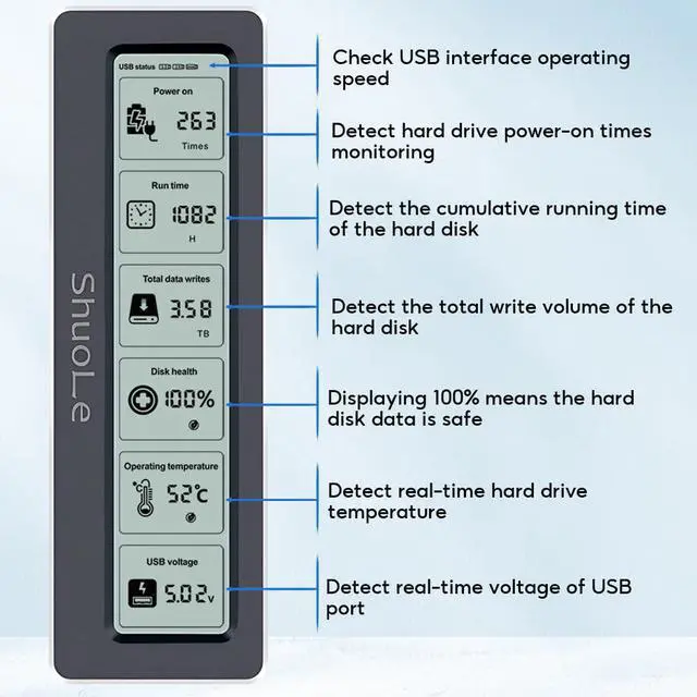 Alt view image 3 of 5 - ShuoLe Aluminum M.2 SSD Enclosure Adapter with LCD Display Screen,USB 3.2 10Gbps USB C to NVMe PCIe SATA M-Key/(B+M) Key Solid State Drive External Case Support UASP Trim for SSD Size 2242 2260 2280