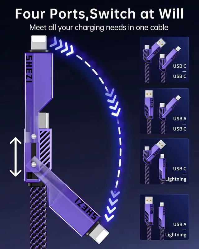 Alt view image 2 of 5 - SHEZI 4-in-1 USB C Cable 60W 5FT Lightn-ing Cable Fast Charging [480Mbps Data Transfer] Flat Nylon Braided Charger Cord Wire Combo with Lightn-ing/USB C/USB A Port for iPhone/iPad and More, Purple