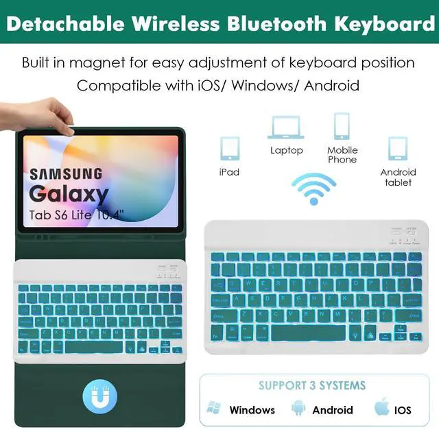 Alt view image 3 of 5 - SOPPY Backlit Keyboard Case for Samsung Galaxy Tab S6 Lite 10.4 Inch 2024/2022/2020(SM-P620/P624/P610/P613/P615/P619), Rechargeable Detachable Wireless S6 Lite, Slim Keyboard Case, Dark Green