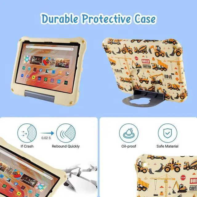 Alt view image 5 of 5 - Simicoo Excavator Kindle Fire HD 8 Kids Case with Stand, Shockproof EVA Foam, Yellow