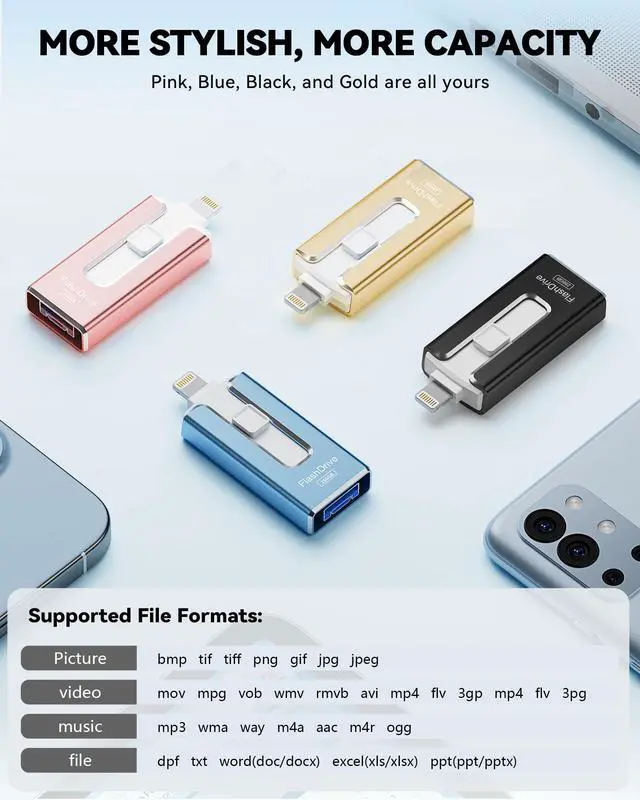 Alt view image 5 of 5 - MFi Certified 256GB Flash Drive for iPhone iPad, Photo Stick for External Memory Storage, Easily Back Up and Save Photos Videos, USB Memory Stick Thumb Drive for iPhone/iPad/Android/PC (Black, 256GB)