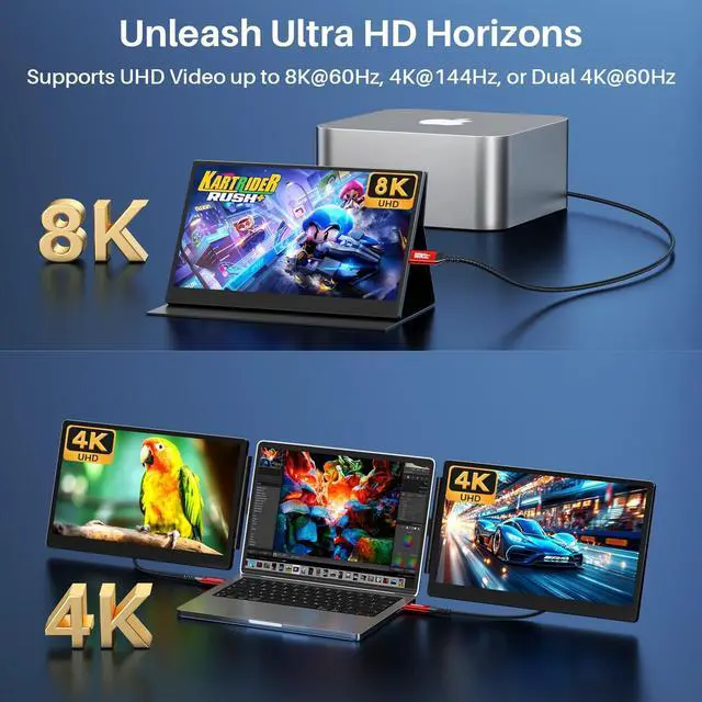 Alt view image 2 of 5 - USB C Monitor Cable [8K@60Hz/4K@144Hz], USB C 3.2 Gen 2x2 Video Cable, 40Gbps High Speed Data Transfer, 240W Charge for MacBook,Mac Mini,Portable Monitor,Laptop Screen Extender, Red(6.6FT+6.6FT)