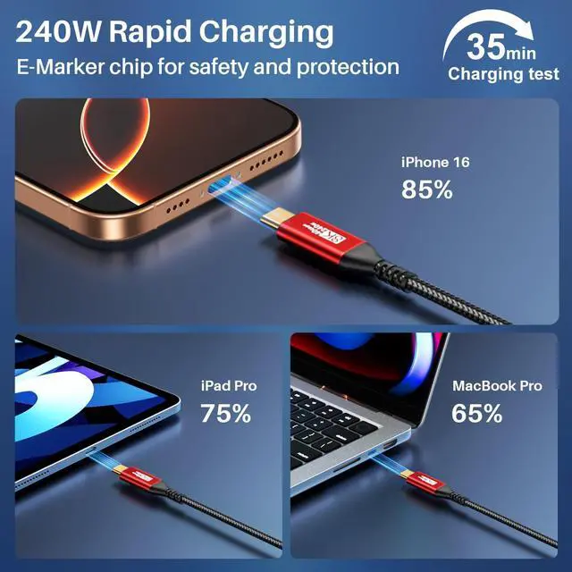 Alt view image 5 of 5 - USB C Monitor Cable [8K@60Hz/4K@144Hz], USB C 3.2 Gen 2x2 Video Cable, 40Gbps High Speed Data Transfer, 240W Charge for MacBook,Mac Mini,Portable Monitor,Laptop Screen Extender, Red(6.6FT+6.6FT)
