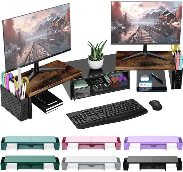 Main image of Spacrea Metal Desk Organizers and Accessories, Dual Monitor Stand Riser with Drawer and 2 Pen Holders, Desk Accessories & Workspace Desktop Organizers for Office Supplies (Wood)