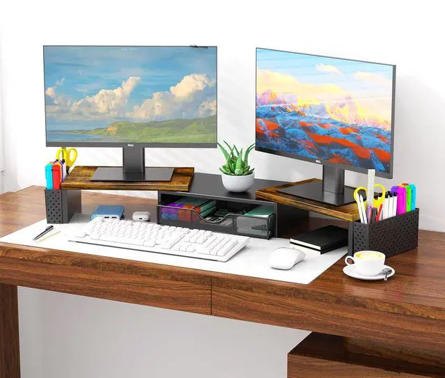 Alt view image 2 of 5 - Spacrea Metal Desk Organizers and Accessories, Dual Monitor Stand Riser with Drawer and 2 Pen Holders, Desk Accessories & Workspace Desktop Organizers for Office Supplies (Wood)