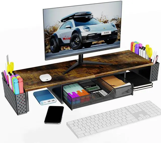 Alt view image 3 of 5 - Spacrea Metal Desk Organizers and Accessories, Dual Monitor Stand Riser with Drawer and 2 Pen Holders, Desk Accessories & Workspace Desktop Organizers for Office Supplies (Wood)