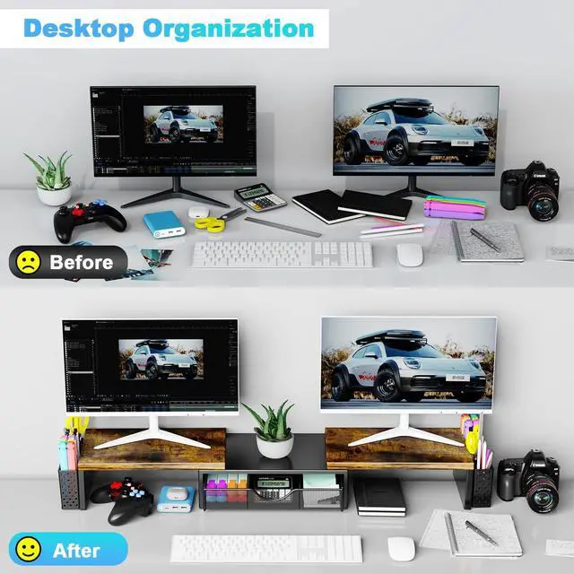 Alt view image 4 of 5 - Spacrea Metal Desk Organizers and Accessories, Dual Monitor Stand Riser with Drawer and 2 Pen Holders, Desk Accessories & Workspace Desktop Organizers for Office Supplies (Wood)