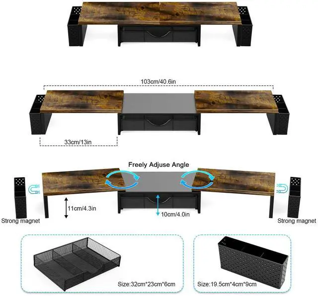 Alt view image 5 of 5 - Spacrea Metal Desk Organizers and Accessories, Dual Monitor Stand Riser with Drawer and 2 Pen Holders, Desk Accessories & Workspace Desktop Organizers for Office Supplies (Wood)