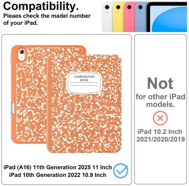 Alt view image 2 of 5 - Supveco Case for iPad (A16) 11th Generation 11 inch (2025),iPad 10th Generation 10.9 inch (2022) with Pencil Holder-[Auto Wake/Sleep],Premium Folio Stand Case with Soft TPU Back Cover-Orange Book