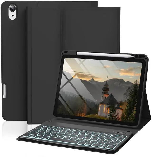 Main image of SZPSGC Case for iPad Air 11 inch (M3/M2, 2025/2024)/ iPad Air 5th 4th Generation with Keyboard, 7 Colors Backlit Detachable Wireless Keyboard Cover with Pencil Holder, Black