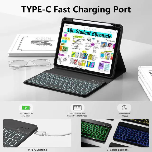 Alt view image 4 of 5 - SZPSGC Case for iPad Air 11 inch (M3/M2, 2025/2024)/ iPad Air 5th 4th Generation with Keyboard, 7 Colors Backlit Detachable Wireless Keyboard Cover with Pencil Holder, Black