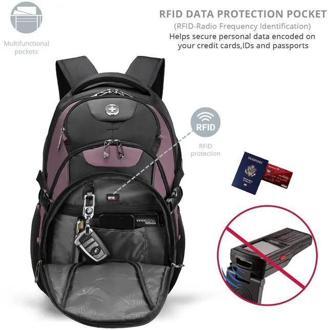 Alt view image 4 of 5 - Swissdigital Design Business Laptop Backpack with Smart USB Charging Port, Travel Backpack Fits 15.6 inches Laptops, Water Repellent College Backpack for Women, Light Purple/Black | SD803