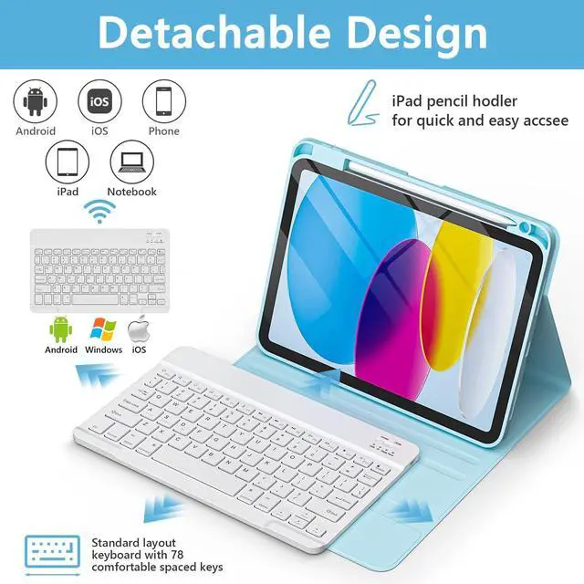 Alt view image 3 of 5 - TaIYanG for iPad A16 11/10th Generation Case with Keyboard- Detachable Bluetooth Keyboard Case with Pencil Holder, Thin & Light- Folio Cover for iPad 11 inch A16 2025 10th Gen 10.9 Inch 2022 (Blue)