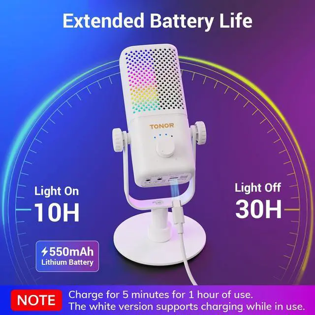 Alt view image 4 of 5 - TONOR Microphone Compatible with Xbox, RGB Gaming Mic with Gain Control, Quick Mute, 30H Battery Life, Monitoring, Fast Charging, Condenser Streaming Mic for Capture Card White TCX3