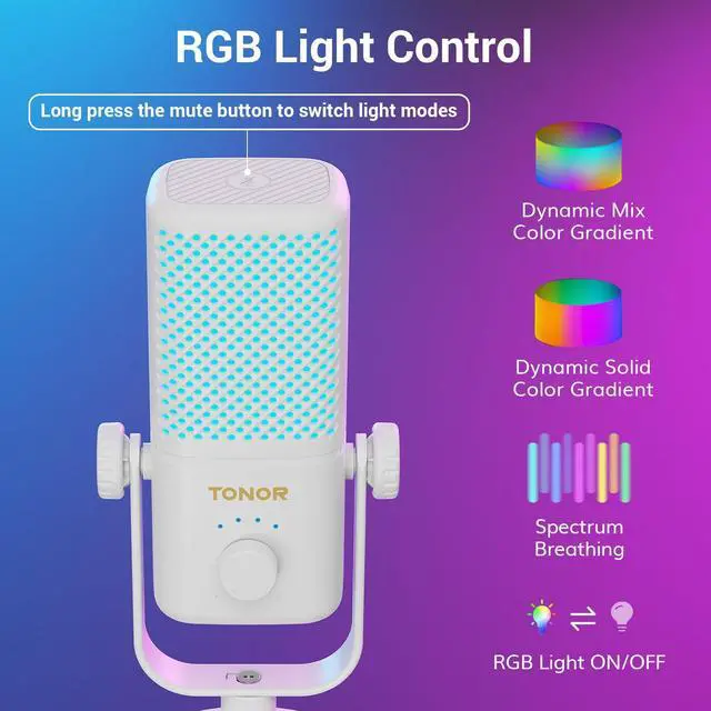 Alt view image 5 of 5 - TONOR Microphone Compatible with Xbox, RGB Gaming Mic with Gain Control, Quick Mute, 30H Battery Life, Monitoring, Fast Charging, Condenser Streaming Mic for Capture Card White TCX3