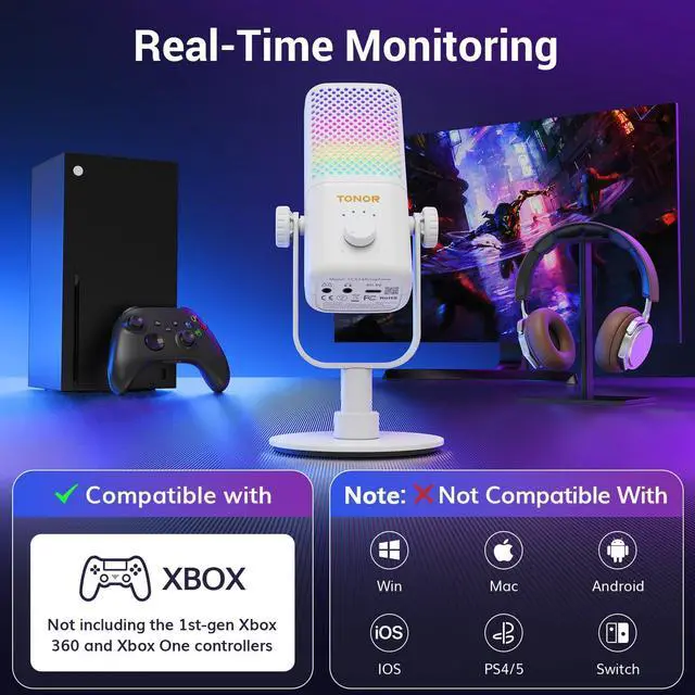 Alt view image 3 of 5 - TONOR Microphone Compatible with Xbox, RGB Gaming Mic with Gain Control, Quick Mute, 30H Battery Life, Monitoring, Fast Charging, Condenser Streaming Mic for Capture Card White TCX3
