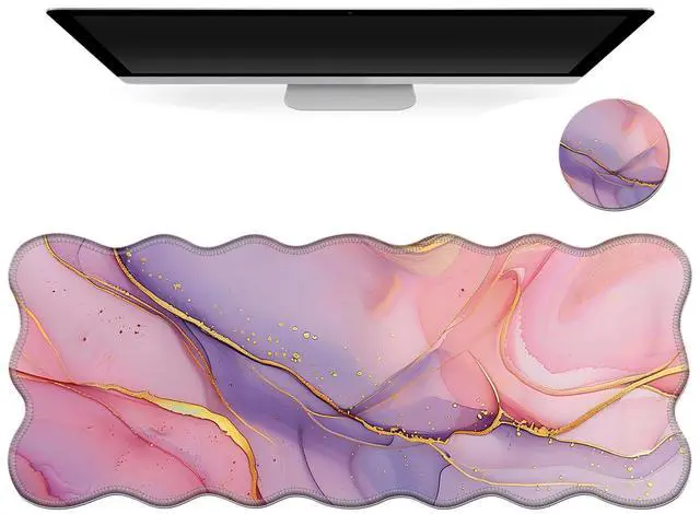 Main image of Tudguiloae Large Gaming Mouse Pad with Coaster, Edge Stitching Keyboard Pink Gold Marble Mouse Mat for Desk, 31.5" x 11.8" Household Extended Desk Pad for Desktop, Non-Slip Rubber Base