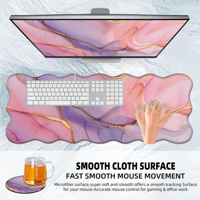 Alt view image 4 of 4 - Tudguiloae Large Gaming Mouse Pad with Coaster, Edge Stitching Keyboard Pink Gold Marble Mouse Mat for Desk, 31.5" x 11.8" Household Extended Desk Pad for Desktop, Non-Slip Rubber Base