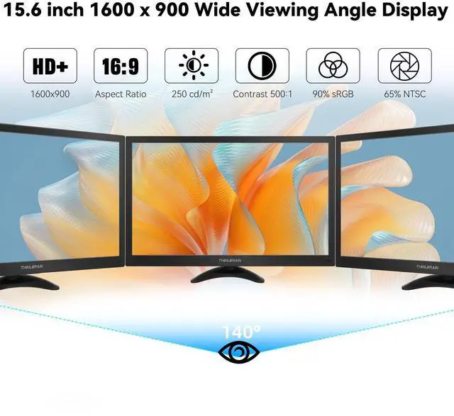 Alt view image 2 of 5 - Thinlerain 15.6 Inch Computer Monitor 1600x900 Small PC Monitor with HDMI VGA AV BNC USB Ports, 60Hz, 5Ms, VESA, Remote Control, Mini Display Built-in Speakers for Office Home