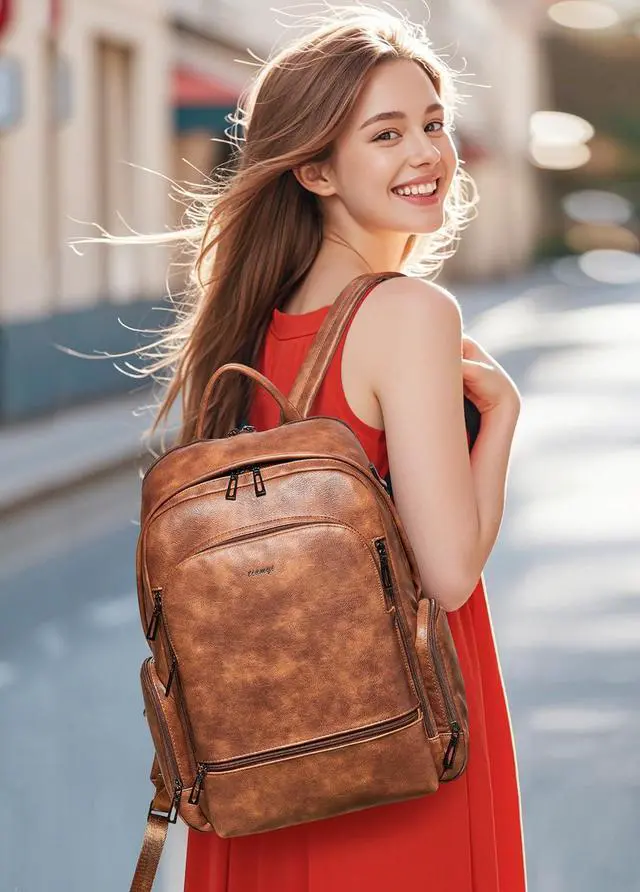 Alt view image 2 of 5 - tiamyi Leather Backpacks for Women,15.6 inch Leather Laptop Backpack Women Computer Backpack Laptop Back Pack,Stylish Backpack Purse Work Travel College,Brown