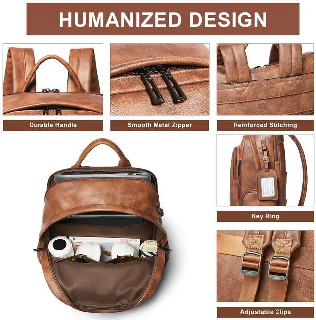 Alt view image 5 of 5 - tiamyi Leather Backpacks for Women,15.6 inch Leather Laptop Backpack Women Computer Backpack Laptop Back Pack,Stylish Backpack Purse Work Travel College,Brown