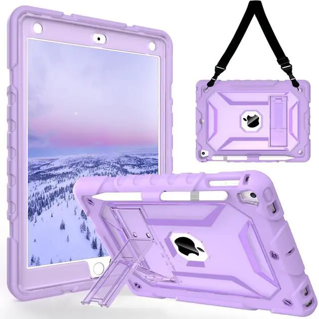 Main image of TIMISM iPad Case with Shoulder Strap - 6th/5th Gen, Air 2 & Pro 9.7 Compatible, Heavy Duty Shockproof Protection, Purple with Pencil Holder