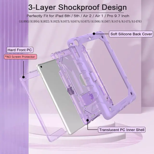 Alt view image 2 of 5 - TIMISM iPad Case with Shoulder Strap - 6th/5th Gen, Air 2 & Pro 9.7 Compatible, Heavy Duty Shockproof Protection, Purple with Pencil Holder