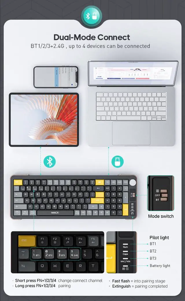 Alt view image 3 of 5 - TISHLED Wireless Keyboard with Volume Knob, 2.4G+Bluetooth Multi-Device Keyboard USB-C Rechargeable, Compact 99-Key with Number Pad, Comfortable Scissor Switches for Win/Mac, White+Grey+Yellow